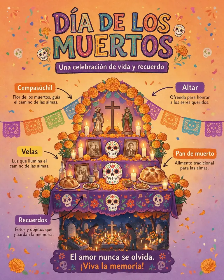 Spanish festival poster: Día de los Muertos altar with labelled callouts