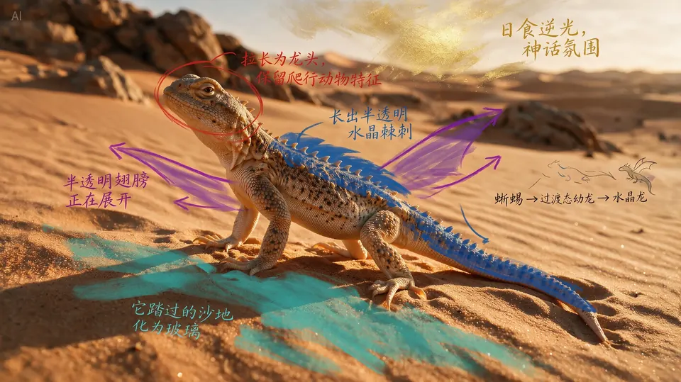 Desert lizard photo with hand-drawn notes asking for wings and a glowing tail
