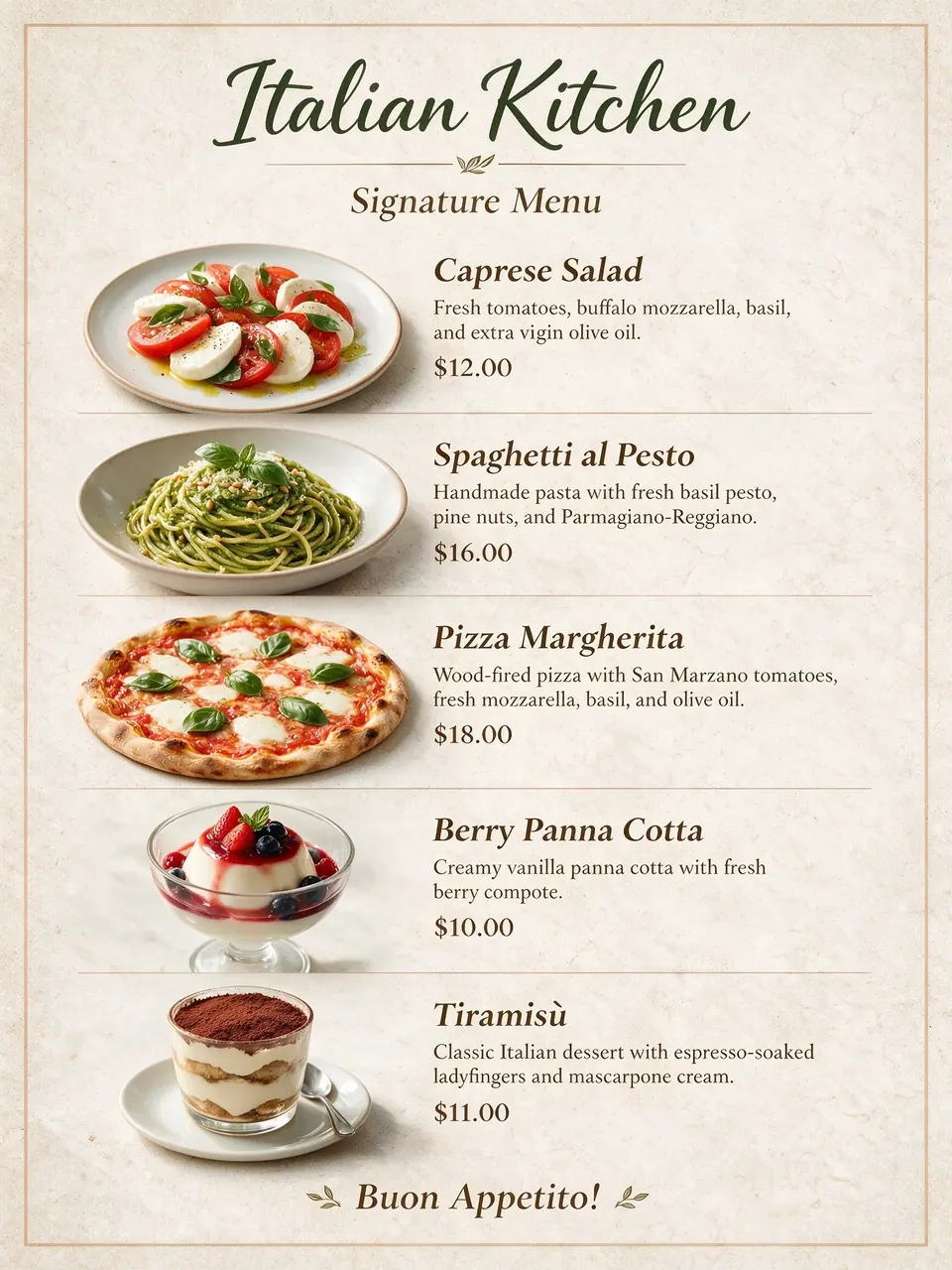 Italian restaurant menu built by Seedream 5.0 Pro from the five food photos