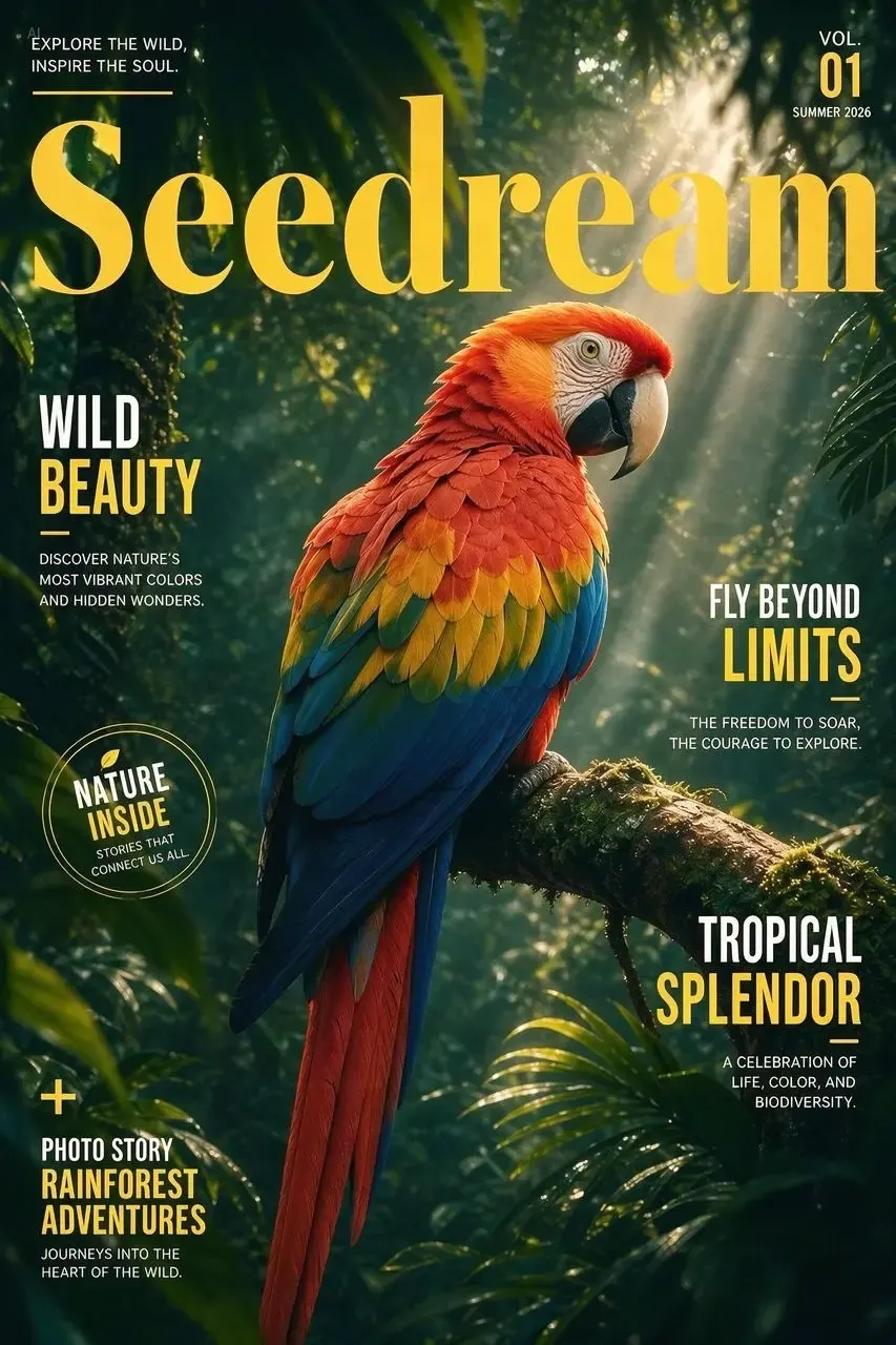 Seedream 5.0 Pro magazine cover with a parrot, masthead and cover lines