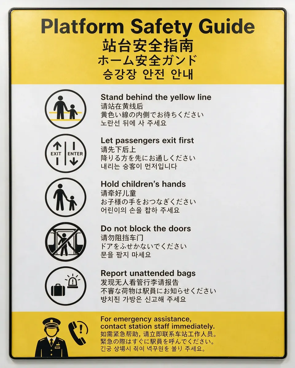 Platform safety sign in English, Chinese, Japanese and Korean, by Seedream 5.0 Pro