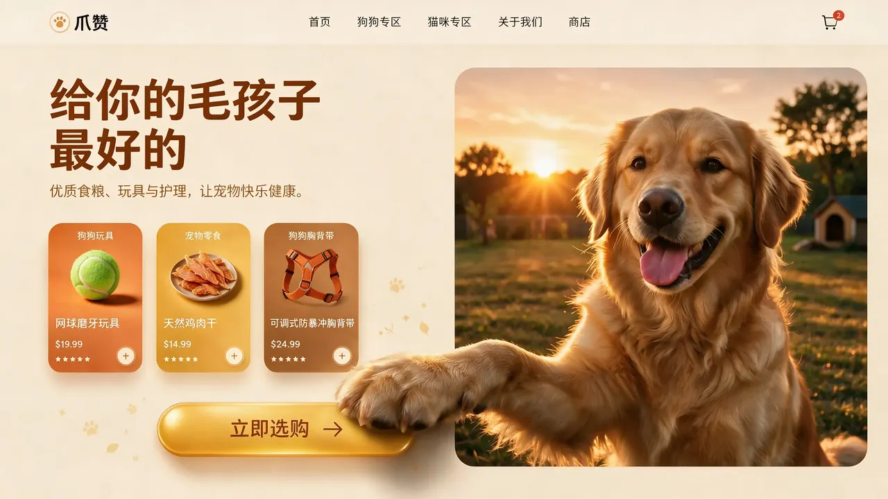 Pet store web banner: Chinese headline, product cards and a call-to-action button