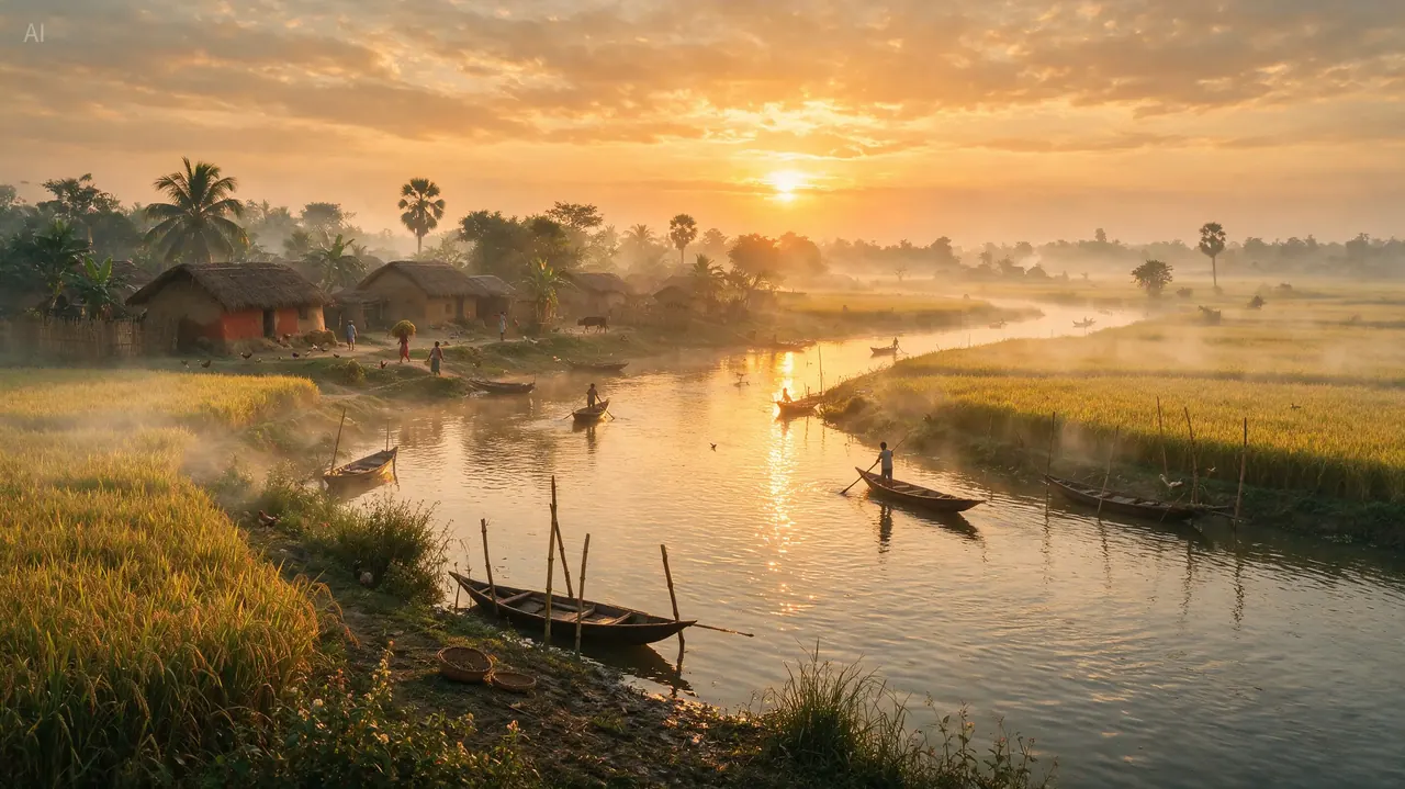 River sunrise: Mist, low sun and boats on still water